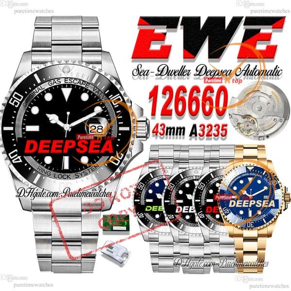 Sea Dweller 50th 126600 A3235 Automatic Mens Watch EWEF 43 Ceramic Bezel Black Dial Single Red 904L Steel Bracelet With NFC Card CHS Puretimewatches Reloj Max Version