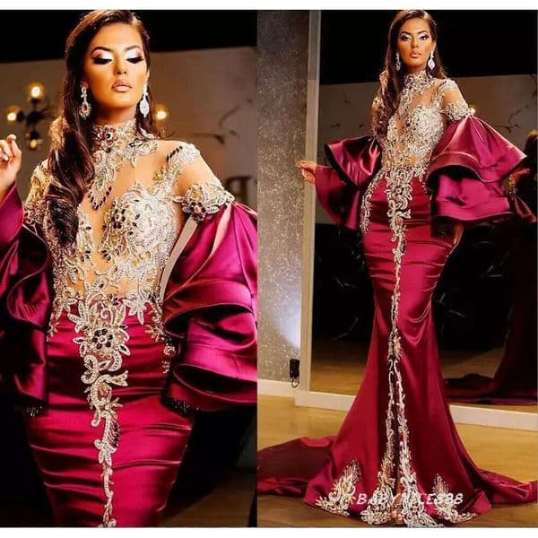 Mermiad Fuchsia Beaded Prom Evening Dress High Neck Long Sleeves Pageant Formal Gowns Sweep Train Plus Size