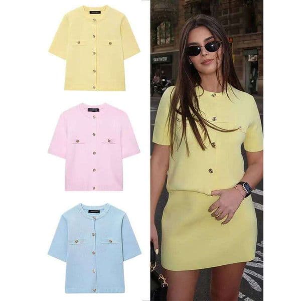 HH 2025 Women Elegant Solid Knitted O Neck Single Breasted Short Sleeve T-Shirts Casual Fashion Female Chic Tops