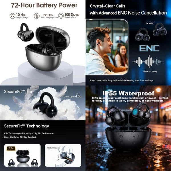 UYUXIO Wireless Headphone with BT 54 Clip on Open Ear Earbuds 72H Play Time Long-Battery Life Over Ear Buds for Sport Workouts X260529