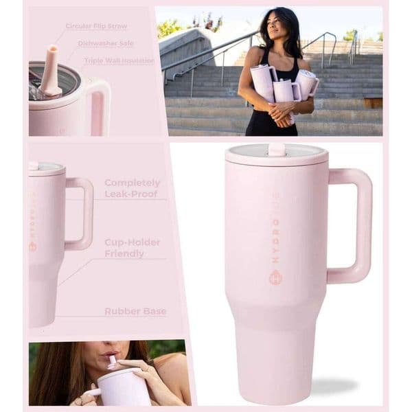 40oz Pink Sand Insulated Stainless Steel Water Bottle | HYD Traveler Flip Straw Tumbler with Handle W260529