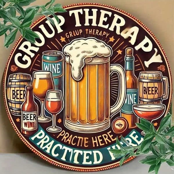 HD Printed Tin Plate Painting - 3D Relief Group Therapy Practiced Here 2D Metal Wall Art Retro Beer Wine Bar Decor for Home Pub C260529