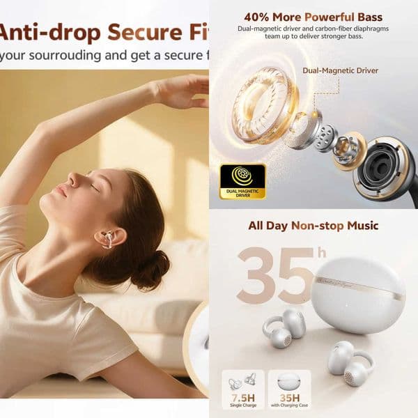 QCY Crossky C50 Clip On Earbuds Open Ear Wireless Bluetooth 60 Headphones 4 Mic 35H Playtime Ear Cuff Earphones for Fitness X260529