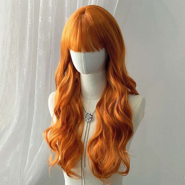 European and American Export Women's Orange Long Curly Halloween Cosplay Synthetic Hair Wig In Stock
