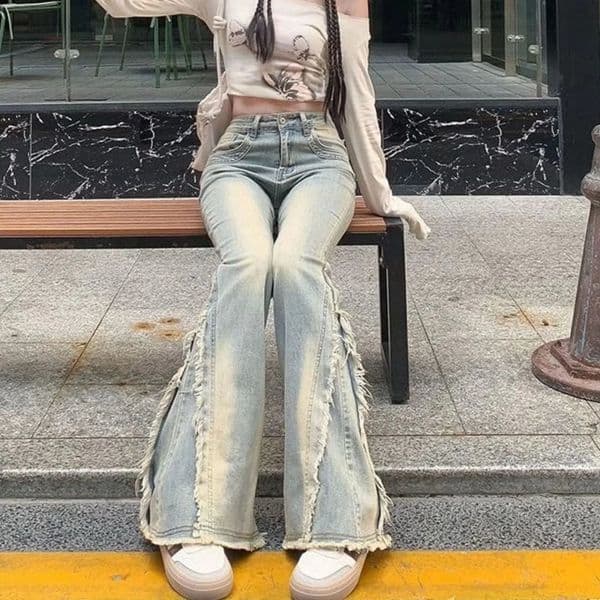 Women Vintage Blue Jeans High Waist American Retro 90s Raw Material Edge n Y2k Denim Pants Streetwear Wide Leg 260529