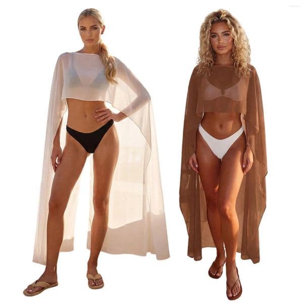 Women S Shawl Ponchos Solid Color Sheer Mesh High Low Hem Long Cape Summer Cover Up Tops