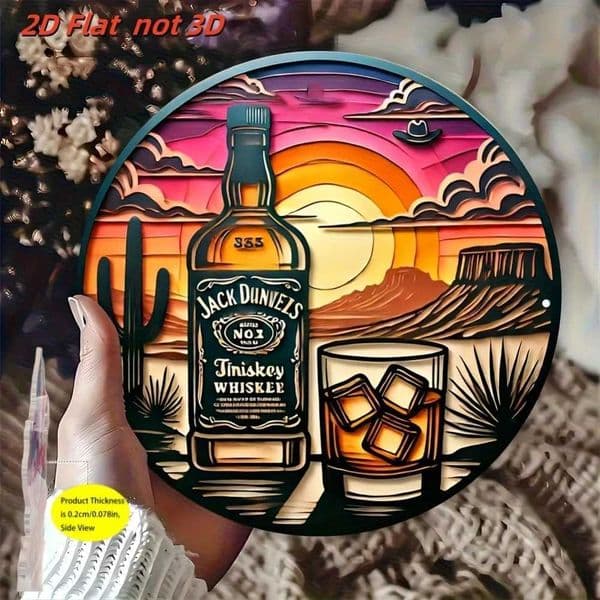 2D Flat 1pc Vintage Western Whiskey-Themed Circular Wall Art Plaque - 88x88 Inch Aluminum Metal Sign for Bar Cafe Office C260529