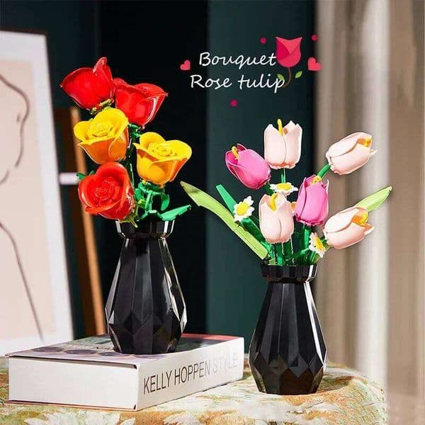 Rose Tulips Flower Model Building Blocks Set 3D Bouquet Bricks DIY Kids Toys Home Decoration Adult For Girls Holiday Day Gifts W260530