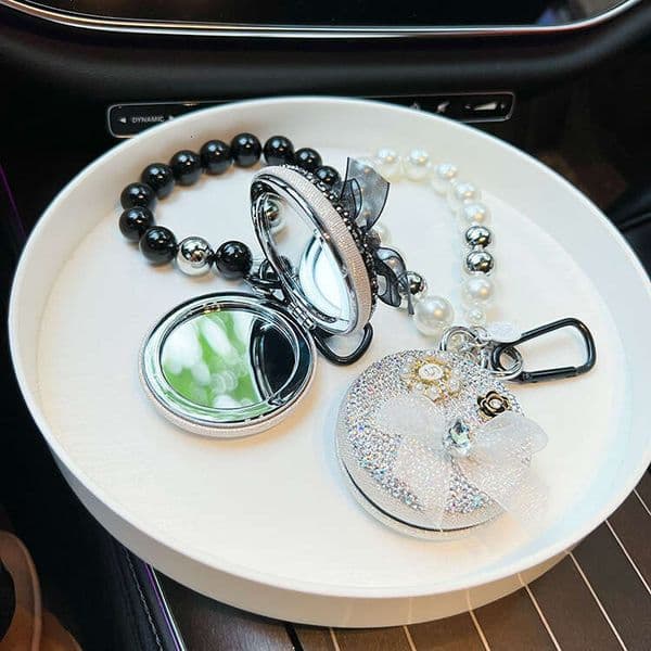 Bag Charm Designer Keychain Elegant Rhinestone Camellia Folding Makeup Mirror Pendant Beaded Chain Portable Key Ring Car Keychain Fashion Accessory For Women