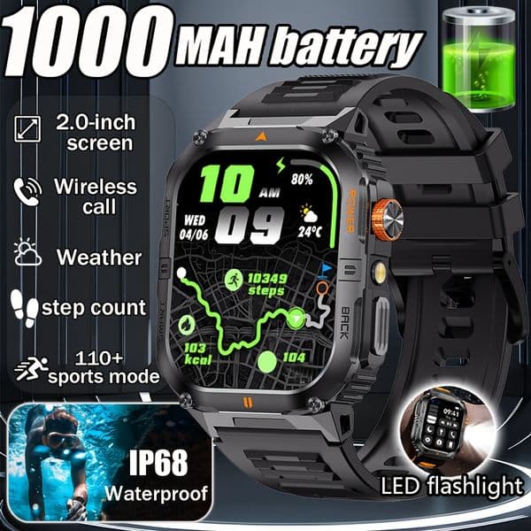 New 1000mAh military outdoor smartwatch for men, LED flashlight, IP68 waterproof, GPS sports, 2.01-inch Bluetooth call smartwatc