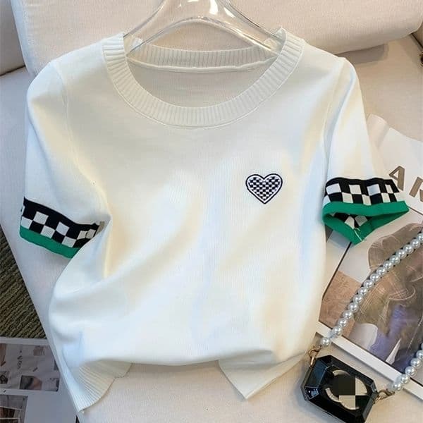 Summer Heart Pattern Ribbed Pullover Sweater Casual Contrast Trim Crew Neck Short Sleeve Sweater Womens Clothing Crop Top 260530