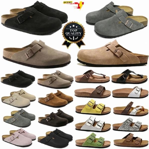2026 Designer Clog Slippers Women Men Flat Heels Beach Slides Real Leather Double Buckle Cork Sandals Outdoor Casual Shoes Brown Grey Coffee Size 35-4 y58C#
