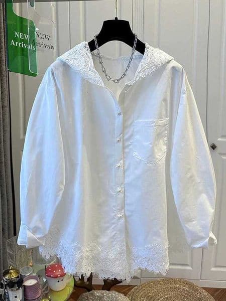 2025 Summer New Womens Blouse Hooded Button Shirt Fashion Loose Casual Long Sleeve Shirt Lace Patchwork Tops M260530
