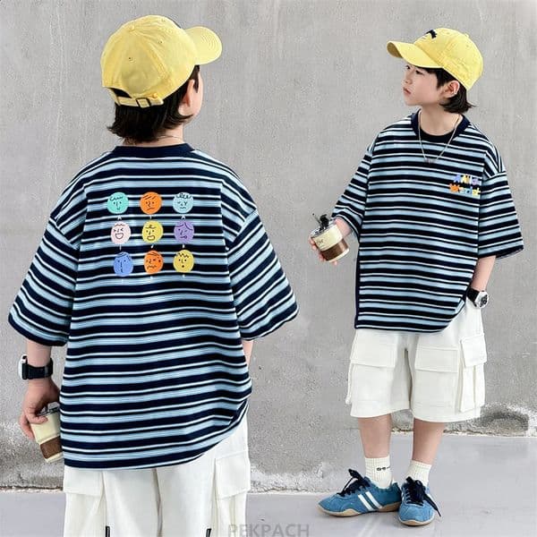 2026 Summer Children Short Sleeve Cotton Tshirt with Stripes for Teen Boy Casual Tee Tops Wear Kids Stylish Clothing 260529