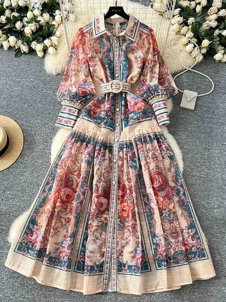 Retro Court Printed Lapel Lantern Sleeve Cinched Waist Single Breasted Dress Womens Long Sleeved Elegant Long Dress A299 260529
