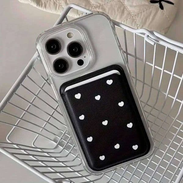 White Polka Dot Heart Card Holder Magnetic iPhone 16 14 17 Pro Max Galaxy S26 S25 Ultra For Wallet Cover J260530