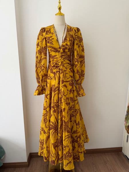 Australian dress 2026 new light luxury high-end travel vacation ramie banana leaf pattern printed yellow dress