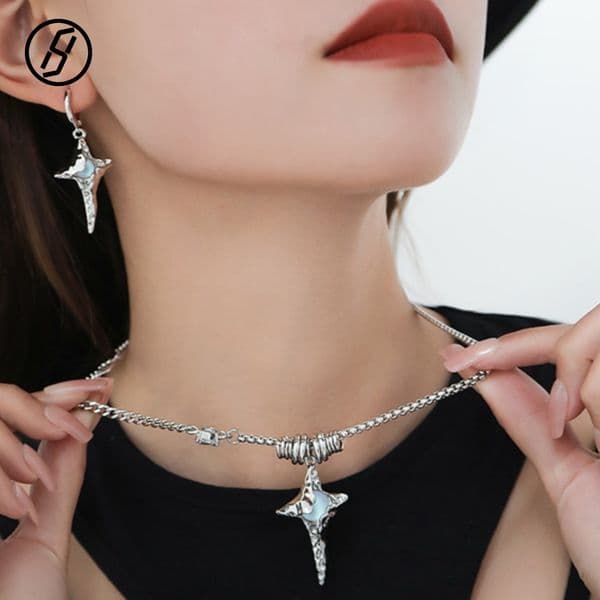 Moonstone Wrinkled Necklace Premium Starburst Pendant Choker S925 Silver Plated Women's Cross Pendant Necklace Gothic Y2K Original Jewelry Designer Necklace