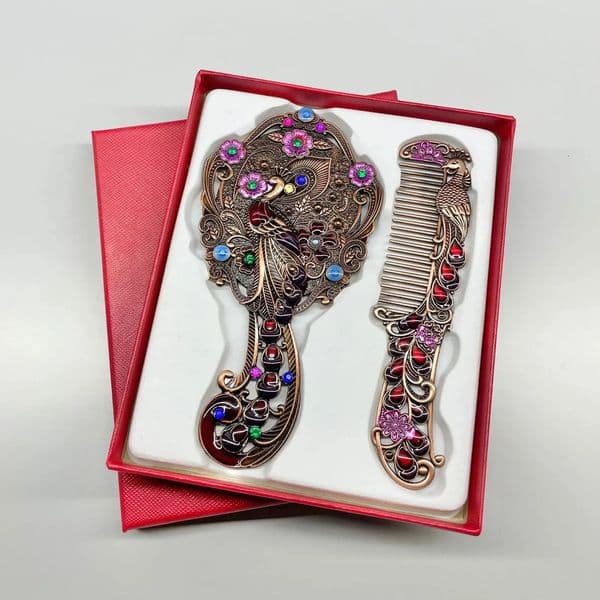 Compact Mirrors Antique Bronze Eming Oval Pea Make Up Mirror Hand Held Comb Set Dressing Russian Style Portable maquillaje Brightly Colored Durable 002