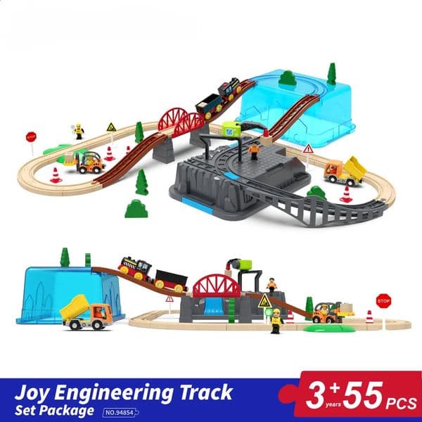 55pcsset Wooden Railway Track Set Electric Train Magnetic Car Diecast Slot Fit All Biro Wood Assemble Toy Boy Gift 260529
