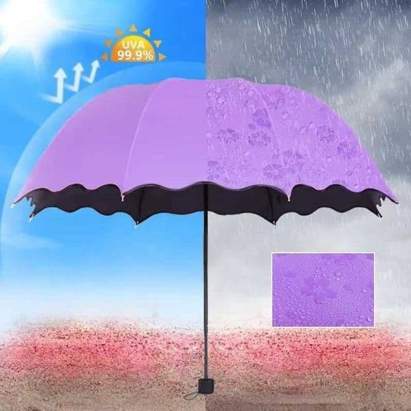 Umbrella Encountering Water Flowering 3-Fold Handheld Travel Umbrella UV Protection Portable Rain Umbrella with Parasol FrameJ260530