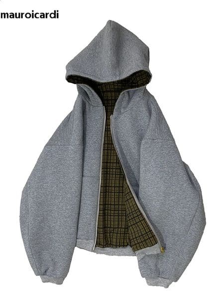 Mauroicardi Autumn Oversized Reversible Hoodies Men Loose Casual y ner Clothes Hoodie with Plaid Lining Sweatshirt 260530