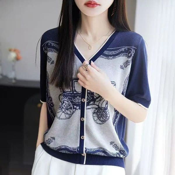 Summer Thin Short Sleeve V-Neck T-Shirt Womens Base Layer Top Silk Blend Knitted Large Size Casual Elegant Style 260530