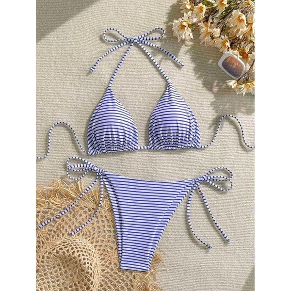 Women's Set, Sexy Blue and White Striped Print Halter Neck Tie-Up Triangle Top with String Bikini Bottoms, Beach Two-Piece Swimsuit 26L0530