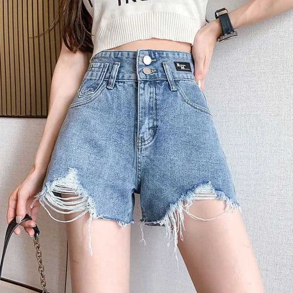 Summer Girls Korean Ripped Casual Jeans Women Blue Thin A-line Short Pants Female High Waist Baggy Mini Pants M260530