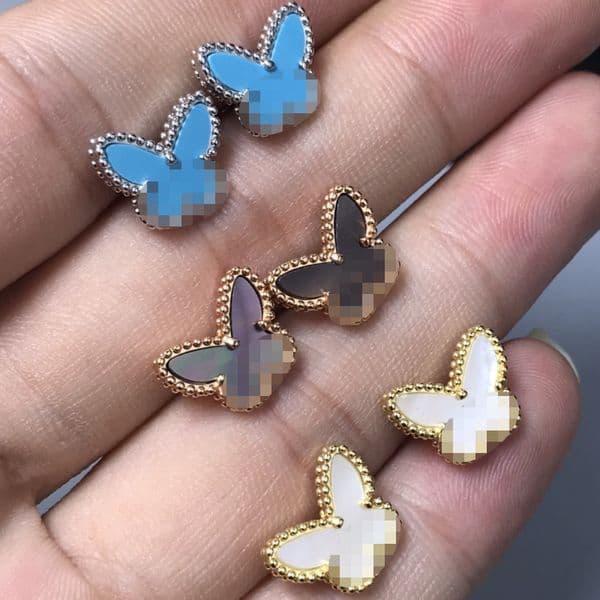 Silver Needle Studs Earrings Silver Gold and Rose Gold Luxury Earrings Natural White Lapis Lazuli Earrings Butterfly Blue Agate Studs
