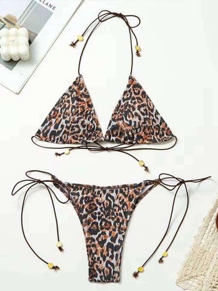 Vzvn 2025 New Summer Swimwear Sexy Leopard Laced Up 2 Piece Set Women Split Swimsuit Backless Beach Bikini 26L0530