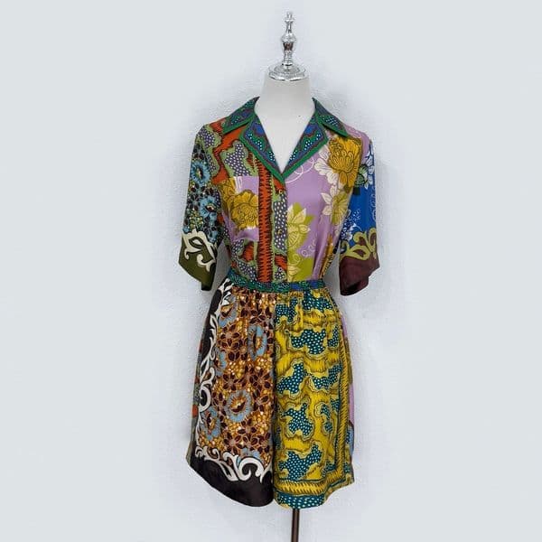 Australian silk two-piece set Ani retro color blocked shirt+shorts set 2026 new vacation casual two-piece set