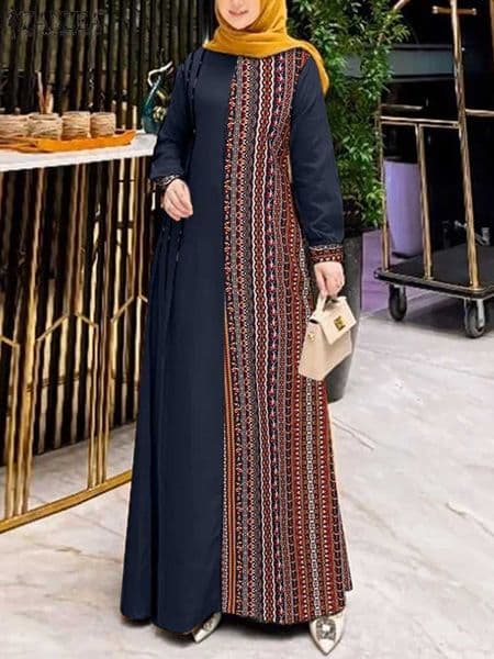 ZANZEA Women Ethnic Printed Panels Maxi Dress Long Sleeve Hijab O Neck Muslim Islamic Patchwork Vestidos Loose Casual Abaya Robe C260530