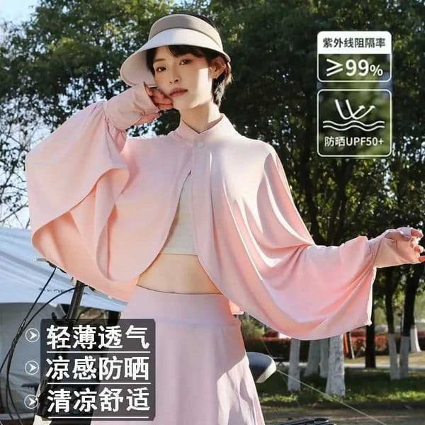 Ice Silk Sunscreen Jacket for Women in Summer 2025 Shawl for Cycling and Driving Short UV Loose Breathable Long Sleeved JacketT260530