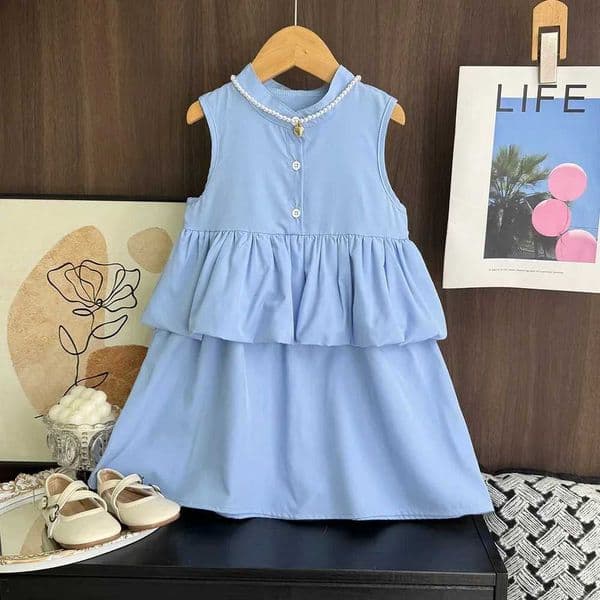 Bear Leader Summer New Solid Color Childrens Clothing Korean version Blue Ruffled Vest Dresses Patchwork Casual Girls Dress M260529