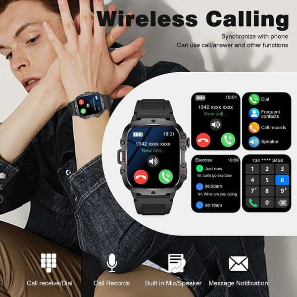 Smart Watch Calling Message Reminder Stainless Steel Strap Flashlight Function Cpatible with IPhone/AndroidJ260530