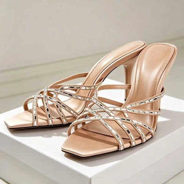 CRYSTAL Summer Designer Sandals Women Cross Strap Detail Square Toe Stiletto Heels Slippers Party Shoe Sandalias De MujerR260530