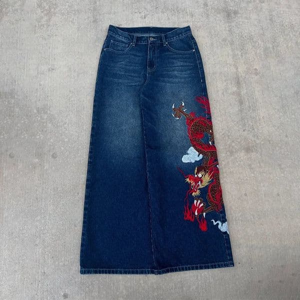 Dragon Graffiti Embroidery Dark Blue Loose Wide Leg Distressed Jeans Y2K High Waist Men Women Vintage Casual Daily Streetwear 260530