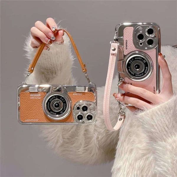 Luxury Retro Stereo Camera Hand with Lanyard Phone For iPhone 16 15 14 Plus 13 12 11 Pro Max Leather Pattern Case J260530