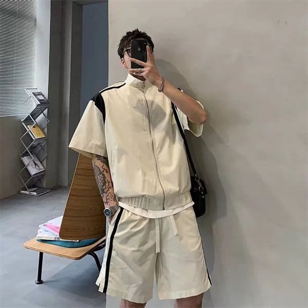 Mens Summer Retro Sports Suit American Style Stand Collar Zipper Short Sleeve Tshirts Casual Loose Y2K Shorts TwoPiece Set 260530