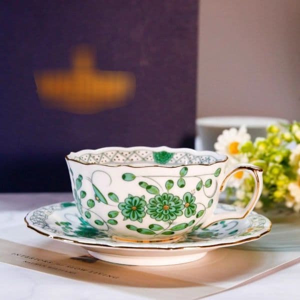 European-style Mason Coffee Cup and Saucer, India Flower Series, Gilded Green Floral Pattern, Tea Cup