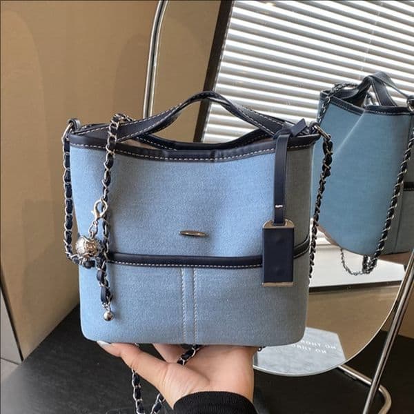 Korean-style super popular retro denim blue bucket for women, 2026 new fashion basket shoulder bag, stylish crossbody bag