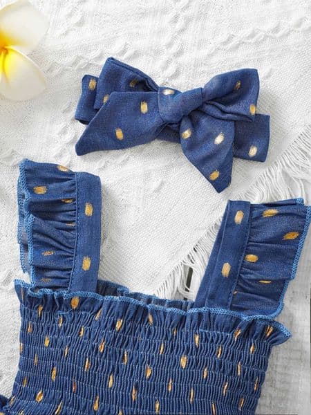 3-24Months Infant Baby Girl Golden Dot Slip Blue Dress Toddler Girl Summer Fashion Party Princess Dresses with Headband 2Pcs Set M260529