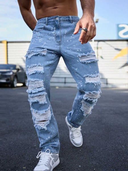 Mens ink-splattered ripped jeans street-style American hip-hop pants suitable for all seasons versatile long pants H260530