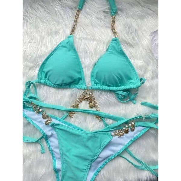 Sexy Luxury Bikini 2024 Women Crystal Rhinestones Micro Swimsuit Halter Tie Side Metal Chain Diamond High Cut Thong Swimwear 26Y0527