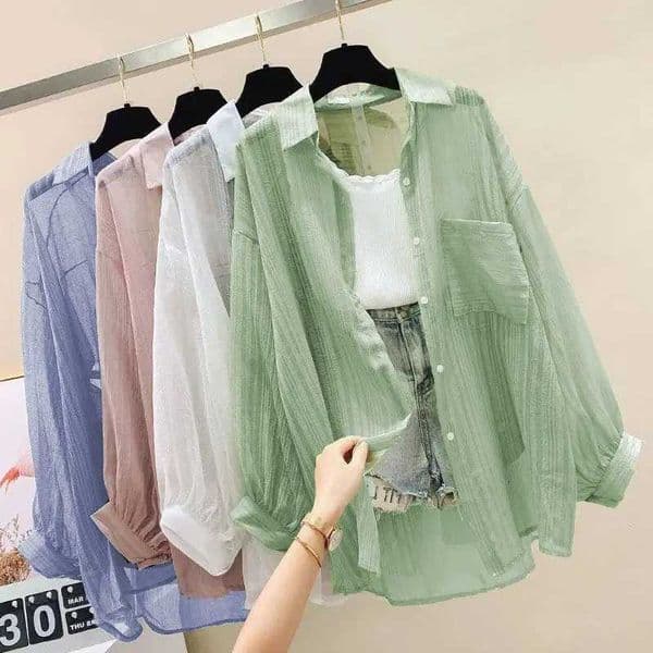 Summer Sunscreen Shirt Elegant Perspective Thin Chiffon Blouse Korean Harajuku See Through Loose Top Casual Womens Cardigan M260530
