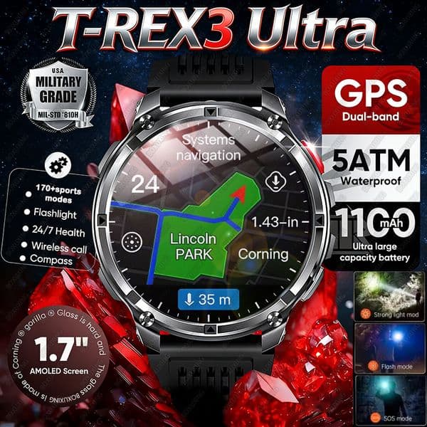 2026 New T-Rex3 Ultra 1100mAh Super Capacity Battery Adult Men Smart Watch 1.7" Large Screen Call 5ATM Waterproof Sports Watches