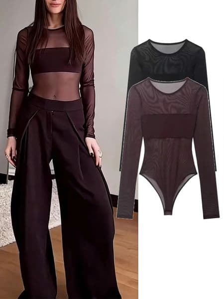 Women Sexy Mesh See Through Bodysuit Women Long Sleeve Sheer Bodysuits O Neck Bodycon Jumpsuit Female Romper 260530