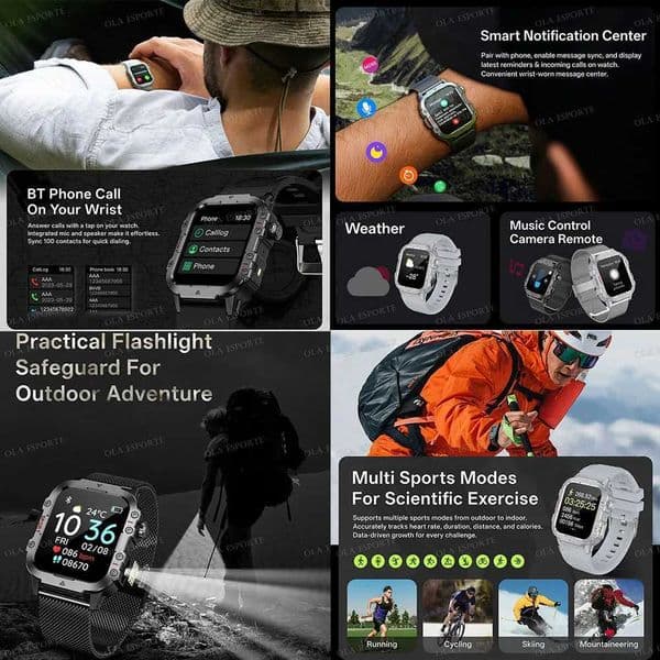 2026 New Outdoors Smart Watch Men Sport 1400mAh Battery LED Flashlight 5ATM Waterproof Call Military Smartwatches HW12J260530