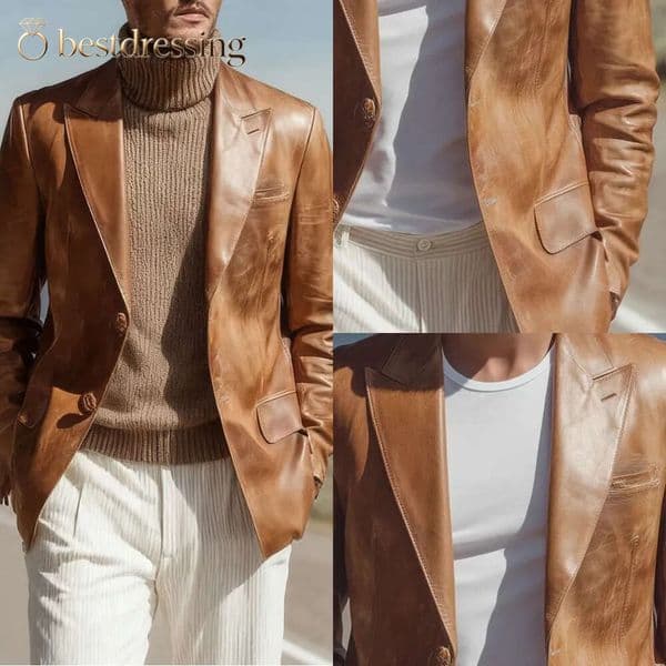 Cool Leather Men Banquet Jacket Peaked Lapel Groom Wedding Tuxedos Wear One Piece Business Birthday Party Customized Bd530